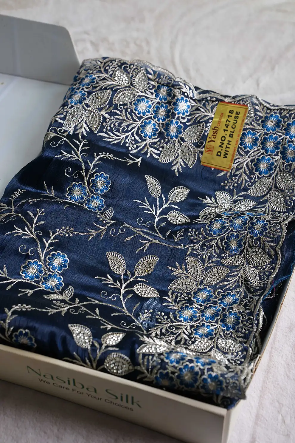 Torray Blue Soft Frendy Fixed Diamond-Cut Glass Stone Work Saree